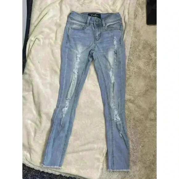 Juniors Indigo rein Size 0 Light Distressed Skinny Ankle Jeans Stretch Fit High - Picture 3 of 7